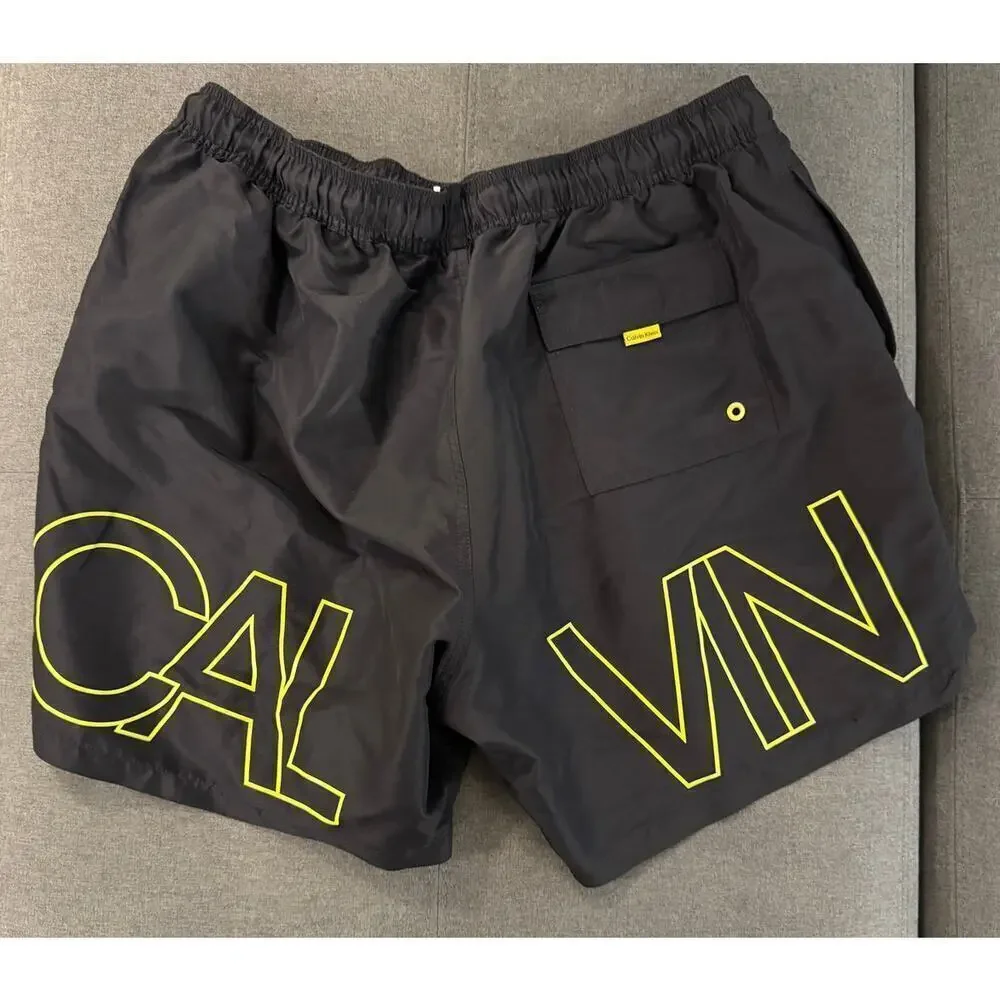 Calvin Klein Black Yellow Logo Mesh Lined Swim Trunks Men’s Size XXL